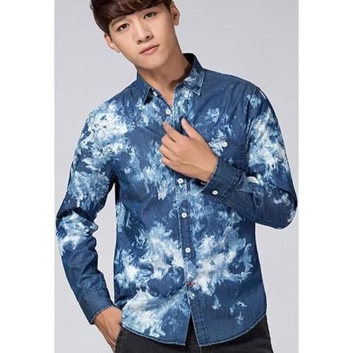 Fall Spring Fashion Mens Full Sleeve Floral Pattern Denim Shirt , Casual Male Washed Tie Dye 100% Cotton Shirts , Men 3XL Blouse