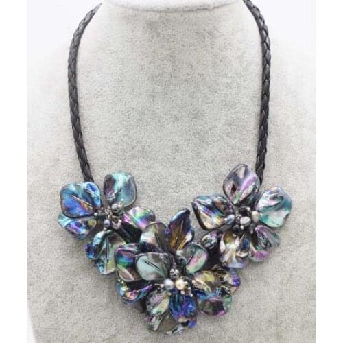 Women Classic Jewelry black natural pearl 3 flower black colors baroque shell pearl necklace black leather 18" 45cm
