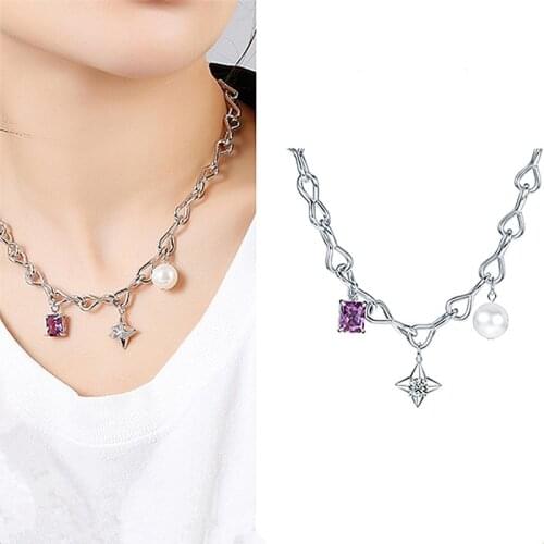 MWSONYA New Trendy Star Crystal Choker for Women Girls Fashion Pearl Pendant Purple Geometry Necklace Party Holiday Jewelry Gift