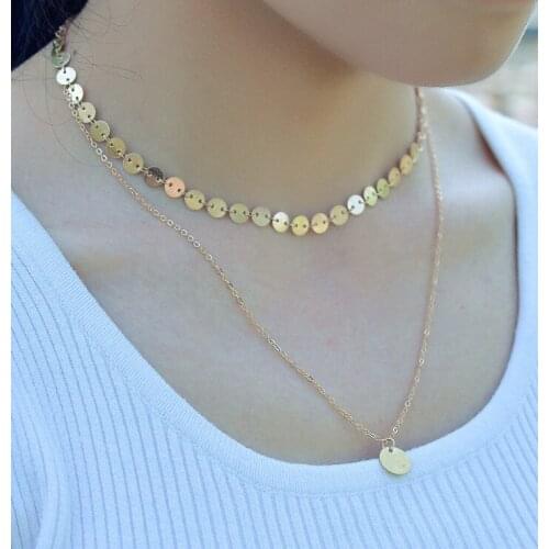 Fashion Gold Color Sequined Coin Fringed Necklace for Women Bohemian Style Fashion Ladys Double Layer Necklace Choker Jewelry