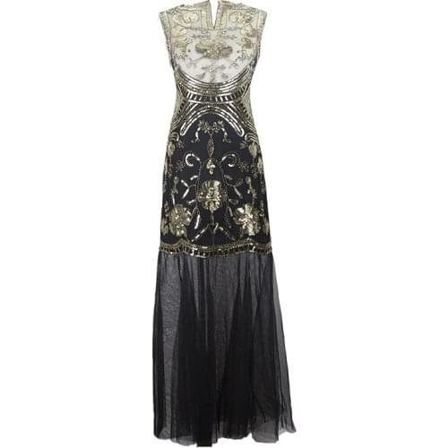 Women Gold silver Dress O Neck Sleeveless 1920s Style Inspired Charleston Sequin Mesh Layer Great Gatsby Flapper Dress