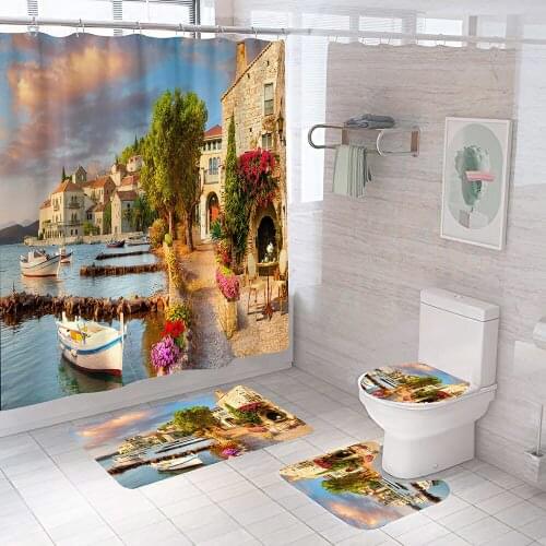 Romantic Coast French Street Pattern Shower Curtain Non-Slip Rugs Toilet Lid Cover and Bath Mat Waterproof Bathroom Curtains Set