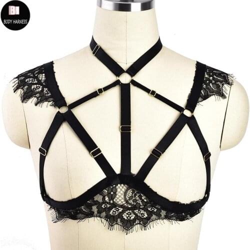 Sexy Black Lace Body Harness Bralette Elastic Adjust Bondage Harness Bra Festival Rave Lingerie Halloween Pole Dance Body Cage