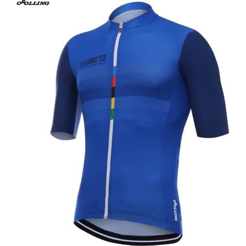 Blue New 2018 CLASSICAL Champion Team Colors Lines Cycling Jersey Customized Road Mountain Race Top OROLLING