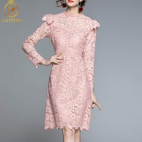 SMTHMA 2021 New Fashion Runway Spring Pink Lace Dress Womens Stand Collar Long Sleeve Hollow Out Elegant Party Vestidos