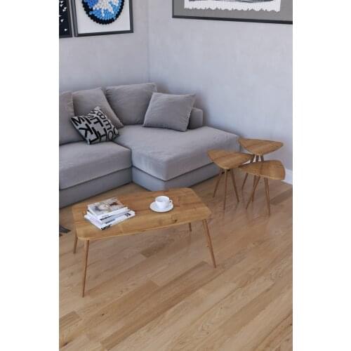 Modern 3'lü Triangle Zigon Coffee table, Serving Stand and Roman Medium Coffee table-Oak coffe table table bassee