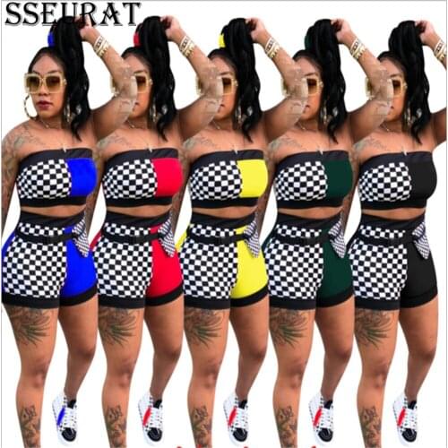 SSEURAT Women Set Patchwork Sleeveless Strapless Super-shourt Tops Elastic Shorts 2 Piece Set Casual Tracksuit Summer Outfits