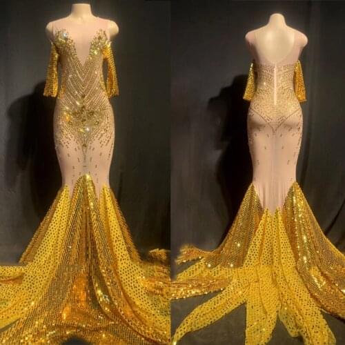 Rhinestone Long Dress Sequins Golden Party Evening Dresses Photography Female Hostess Catwalk Costume Festival Clothing XS2712
