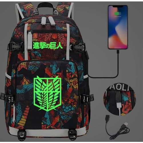New Boys Girls Kids School Bag Luminous Attack On Titan Prints Women USB Laptop Backpack Canvas Men Bagpack Packsack Bookbag