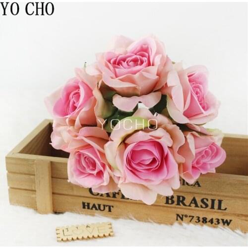 YO CHO Wedding Mini Bouquet Flower Girl 6 Heads Silk Rose Artificial Flower Bouquets Fake Rose Home Party Wedding Table Decor