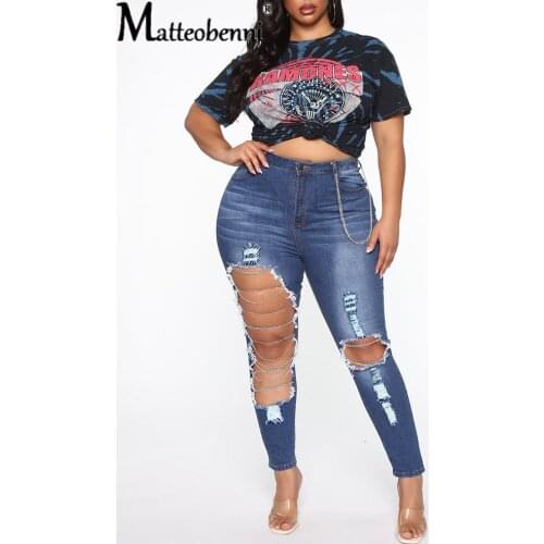 2021 New pencil Jeans Women Sexy Hole Early Spring High Waist Tight Chain Elastic Solid Tight Women Fashion Long Pencil Jeans