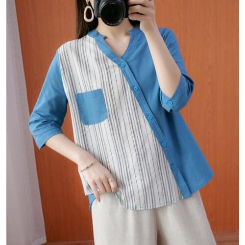 Women Cotton Linen Casual Shirts New Arrival 2021 Summer Vintage Style V-neck Patchwork Color Loose Female Half Sleeve Tops B141
