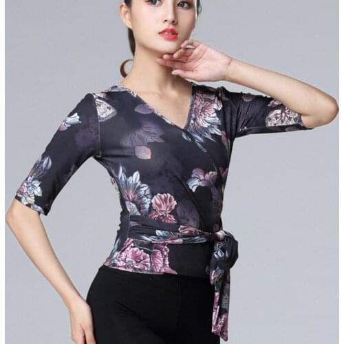 Womens Summer Shawl Collar Latin Dance Body Training Slim Yoga Shirt Tops