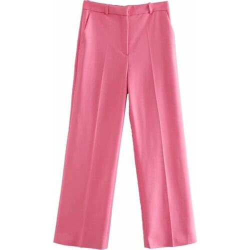 Aonibeier Pink Career Pants 2021 Summer Autumn Fashion Zipper Closed High Waist Women Casual Ankle Length Straight Suit Pants