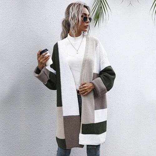 Autumn Winter Women Cardigan Sweaters Long Coat V-Neck Long Sleeve Patchwork Color Knitted Sweater Fashion Cardigan Outerwear