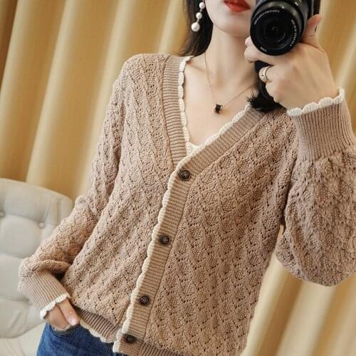 21 Spring Autumn New V-Neck Pure Cotton Knit Cardigan Womens Jacket Large Size Loose Casual Sweater Hollow Lace Outer Tower Top