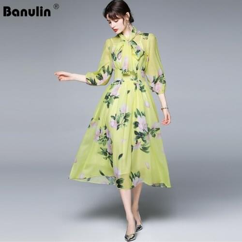 Banulin Women Fashion Runway Floral Chiffon Dress Female 2021 Summer Puff Sleeve Chic Floral Print Holiday Bohemian Midi Dress