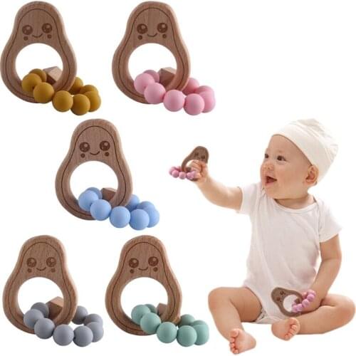 1 Pc Baby Beech Wooden Avocado Bracelet Teether Molar Toys Shower Gifts Infants BPA Free Silicone Beads Teething Soother