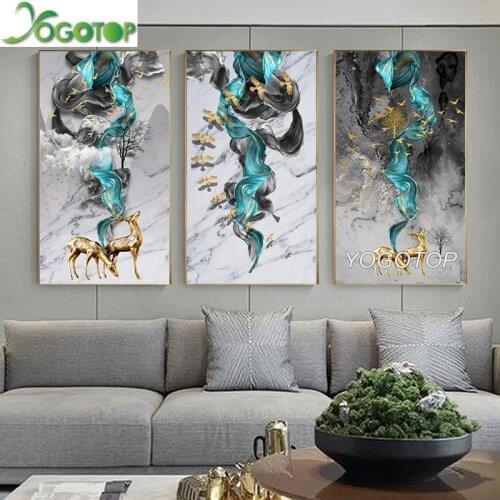 3pcs diy diamond painting art,Abstract Golden Deer rhinestone 5D mosaic,Diamond embroidery Blue Gold Wall Art Triptych ML1385