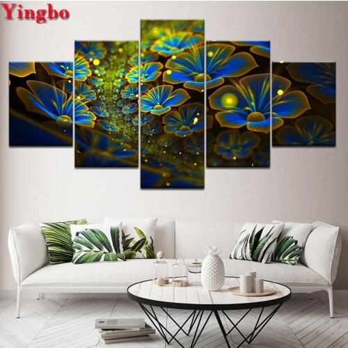 Full Square Drill 5D DIY Diamond Painting round Abstract Fluorescent blue Flower Embroidery Cross Stitch Mosaic Home Decor 5pcs