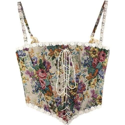 Bella 2021 French Vintage Print Halter Tops Women Elegant Designer Chic Bandage Floral Corset Shirts Sexy Party Club Ladies Tops