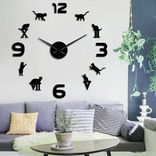 Roman Numerals DIY Big Wall Clock Modern Kitty Cat Watch Giant 3D Mirror Large Number Wall Clock Sticker Cat Lover Creative Gift