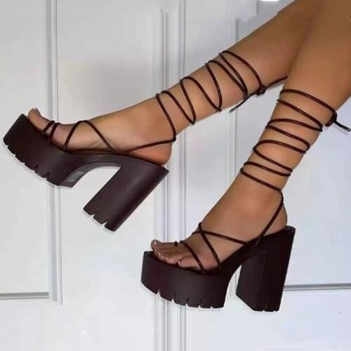 Summer Chunky Heel Sandals Open Round Toe Lace Wedge Heel Sandal Solid Platform Shoes Cross Strap Womens Platform Heels 2021New