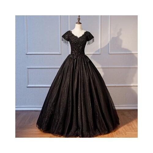 Black beading tassels ball gown long dress vintage medieval dress Renaissance princess Victoria dress