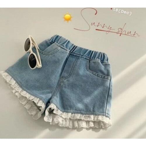 Girls Denim Shorts Kids Lace Summer Designed Comfortable Casual Children Brief Jens Pants Birthday Beach Children Wear for 2-7Ys
