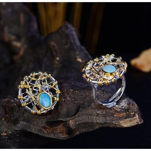 Natural Color Opal Creative Design Round Face S925 Sterling Silver Inlaid Gemstone Jewelry Factory Custom Open Ended Ring