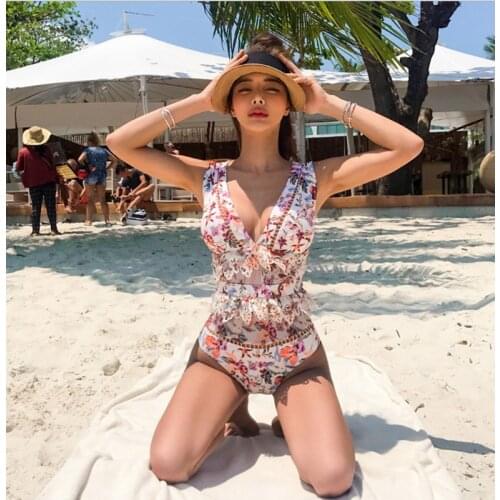 Swimsuit Women One Piece Swimwear With Push Up Womens Large Size Beachwear Print Hollow Lace Leaf Abdomen Slender Cotton Sierra