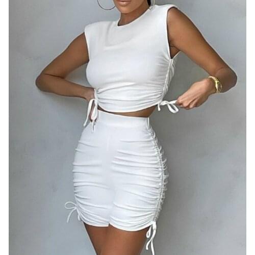 Summer Ladies Fitness Sports Tracksuits Solid Color Sleeveless Vest Top+Elastic Waist Drawstring Shorts Casual Slim 2PCS Clothes