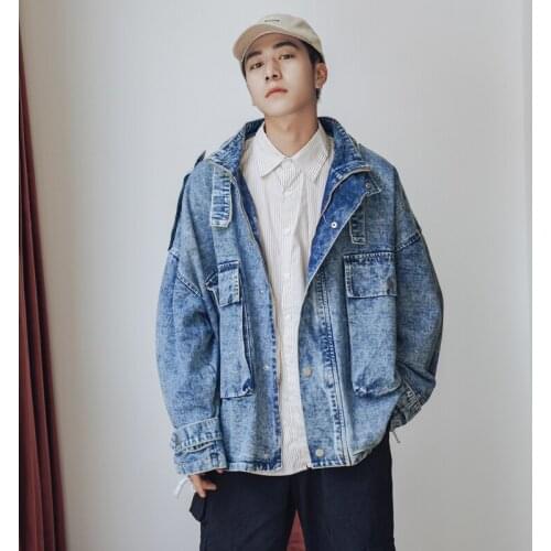 Jacket Coat Male Hip Hop Pocket Windbreaker Men Vintage Black Ribbons Denim Jackets 2021 Mens Japanese Streetwear Jeans