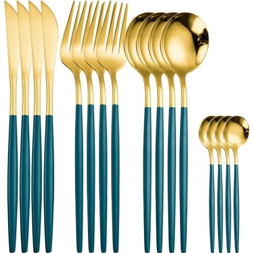 Tableware Stainless Steel Cutlery Set Gold Fork Spoon Knife Set Dinnerware Set Green Gold 16 Pieces Western Dinner Set Kitchen