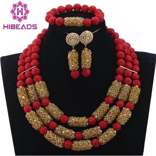 Charming Red Coral Beads African Jewelry Sets Champagne Gold Crystal Bridal Necklace Earrings Set Free Shipping WD904