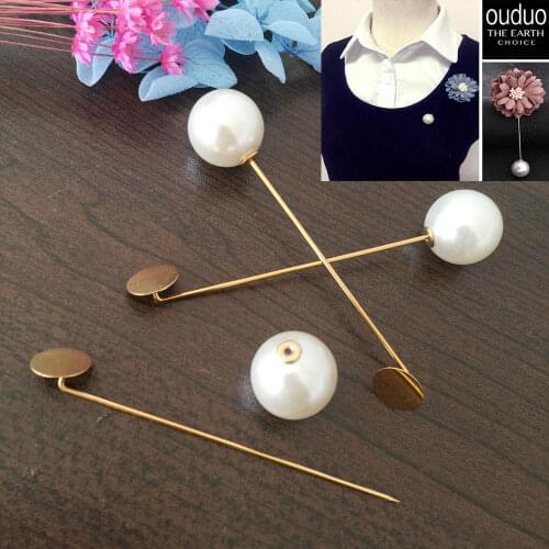 NEW 100pcs 10mm round pad "L" stytle hat pins brooch long stick pin lapel pin base setting with Imitation pearl plug