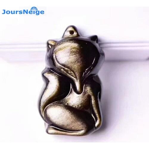 Wholesale Gold Black Natural Obsidian Stone Necklace Fox Pendant Sweater Chain Necklace Lucky For Women Men Fashion Jewelry
