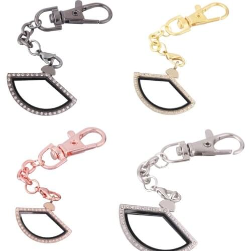 1pcs Fan shape Rhinestone Alloy Floating charm Locket Keychain with Lobster clasp DIY twist memory Glass locket Key chain