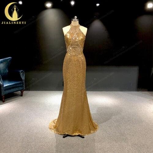 Rhine Real Zuhair Murad Gold Crystal Sequins Mermaid vestidos de fiesta Evening Dress Long вечернее платье