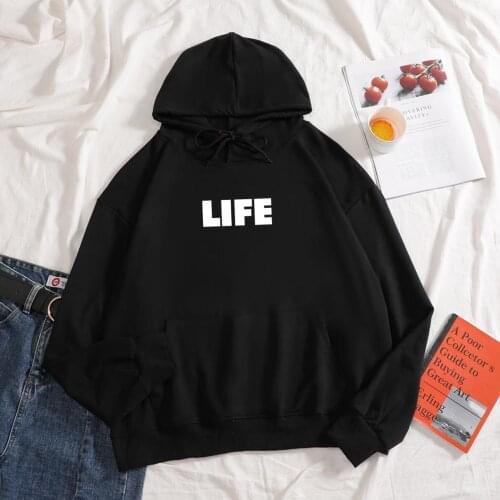 Oversized Cotton Hoodie Women Hoodies Full Sleeve LIFE Letter Print Hooded Sweatshirt Cool Womens Hoody Female Streetwear