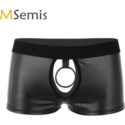 Sexy Underwear Low Rise Hollow Out Hole Boxer Briefs Mens Faux Leather Underpant with Ball Lifter Metal O-ring Hot Sissy Panties