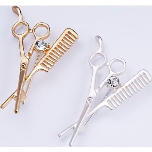Creative Scissors Comb Rhinestones Oil Alloy Brooch Pin Professional Coat Badge Jewelry Accessories Party Clothes Suit Jewelry