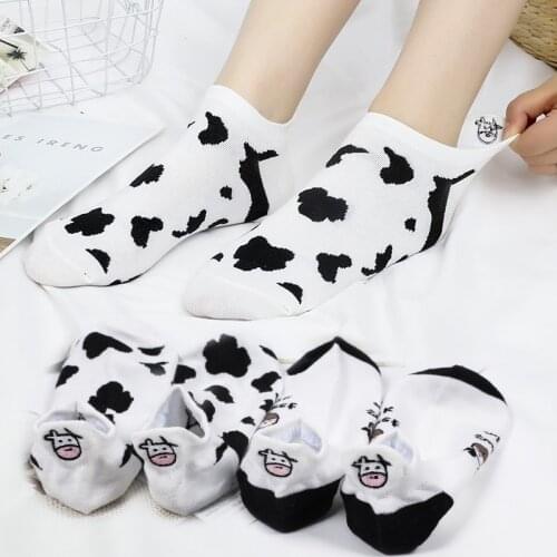 High Quality Women Ankle Socks Breathable Cotton Japanese Kawaii Socks Cow pattern Casual Athletic Cartoon Strawberry Cow Sock