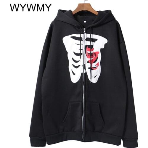 Y2K Harajuku Anime Gothic Hoodies Women Korean Style Loose Skull Print Goth Grunge Long-sleeved Hooded Coat Solid Color Retro