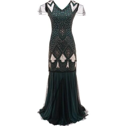 Women 1920s Great Gatsby Dress Long 20s Flapper Dress Vintage V Neck Short Sleeve Maxi Party Dress for Prom Cocktail