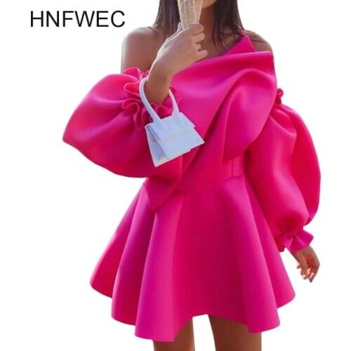 2020 Spring Sexy Long Puff Sleeve High Waist Ruffles Fuchsia Short Mini Dress Women U973