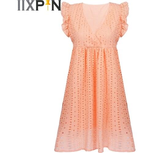 2021 Mini Dresss Women Floral Hollow Out V Neck Ruffle Solid Color High Waist Dress Vestido Elegant Short Womens Summer Dresses
