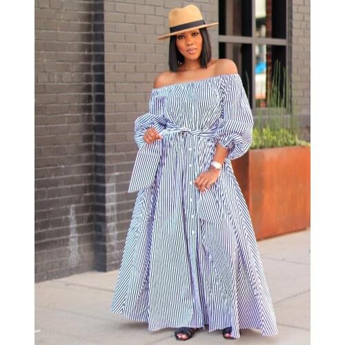 RMSFE 2021 Womens Long Sleeve One Neck Fashion Standard Size Sexy Off Shoulder Striped Print Swing Dress