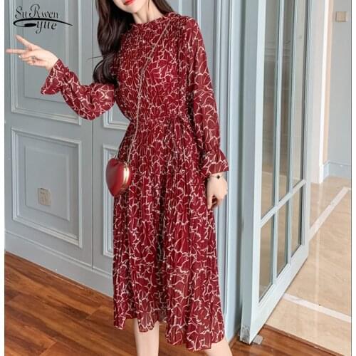 Vestidos 2021 Autumn Stand Collar Loose Pleated Sexy Party Dress Long Sleeve Vintage Print Chiffon Lady Dress 8540 50 Robe Femme