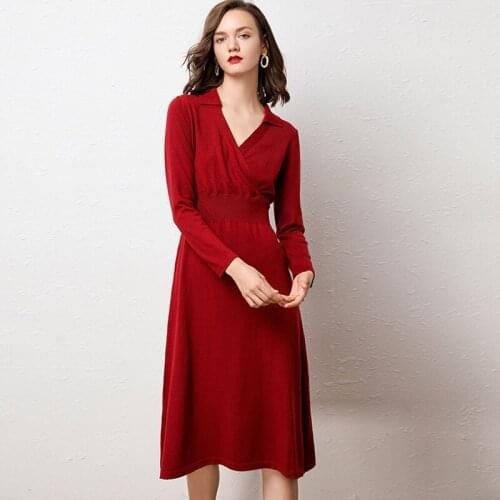 2019 New Autumn Women Vintage Sashes Bandage Dress Long Sleeve Cashmere Wool Knitted Dress V Neck Solid A-line Party Dress Red